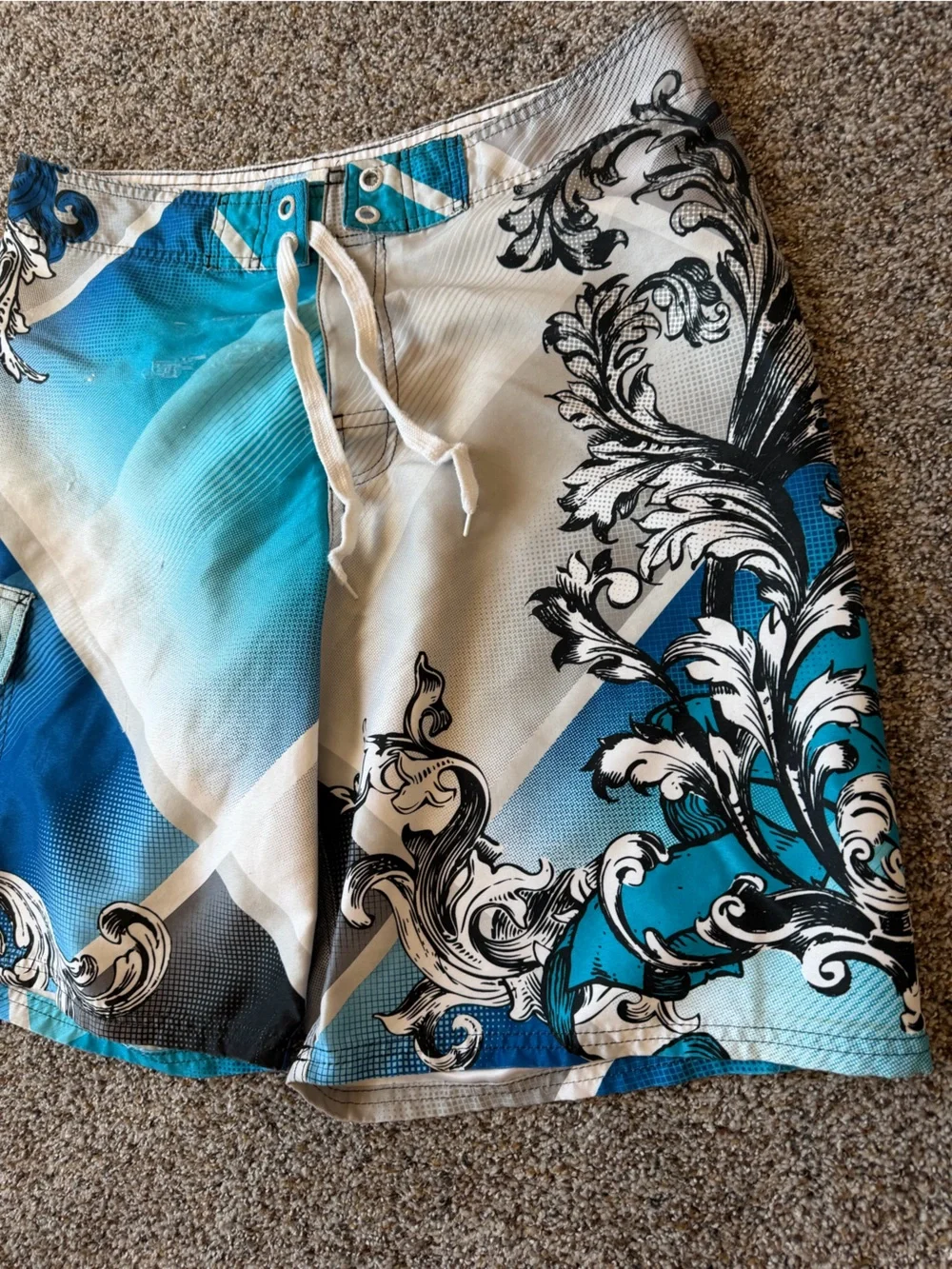 Ocean Pacific OP Mens 36 Y2K Board Shorts Blue Baroque Graphic Surf Swim Trunks